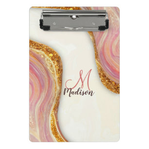 Elegant pink blush marble art faux gold glitter mini clipboard