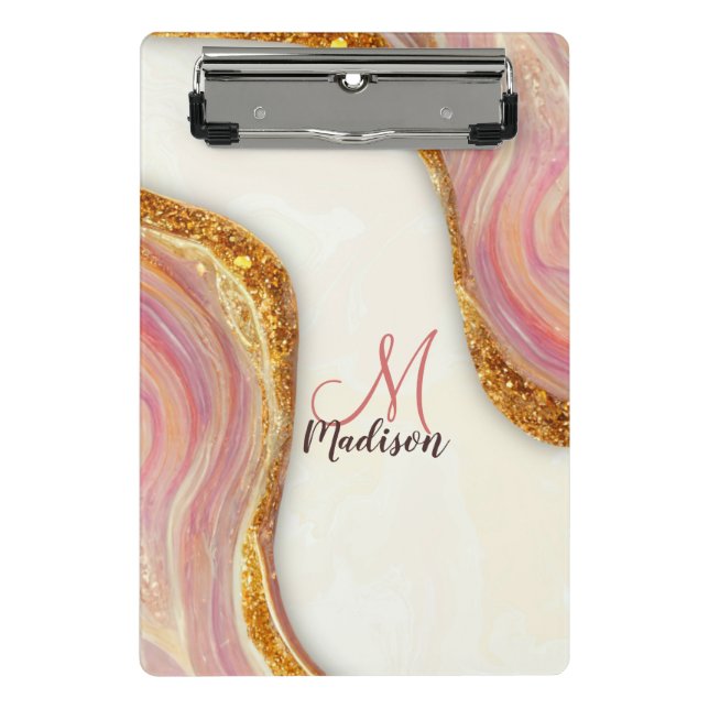 Elegant pink blush marble art faux gold glitter mini clipboard (Front)