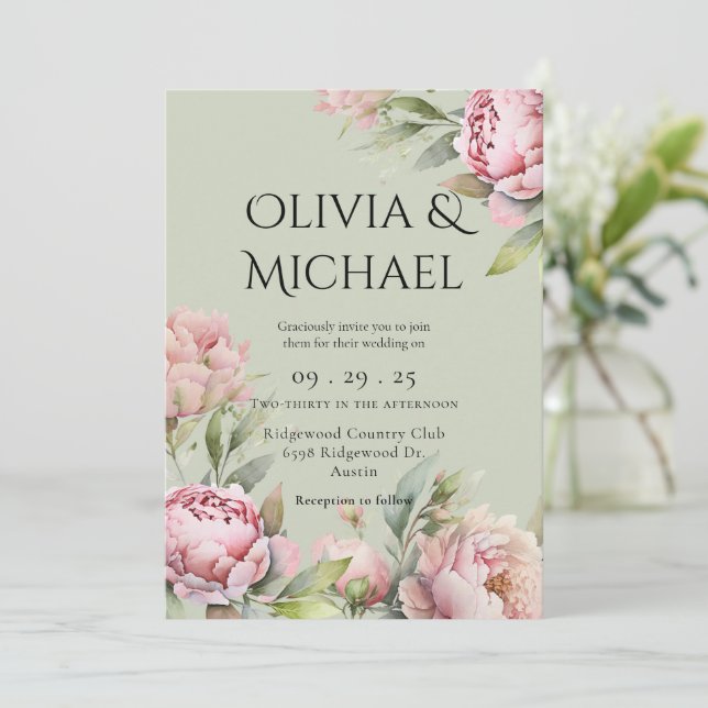 Elegant Pink Blush Peonies Floral Wedding Invitation (Standing Front)