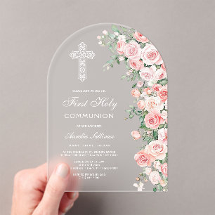 Elegant Pink Blush Roses Arch First Communion Acrylic Invitations