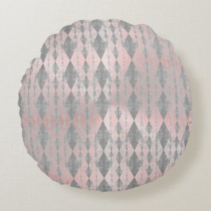 Elegant Pink Blush Silver Harlequin Round Pillow