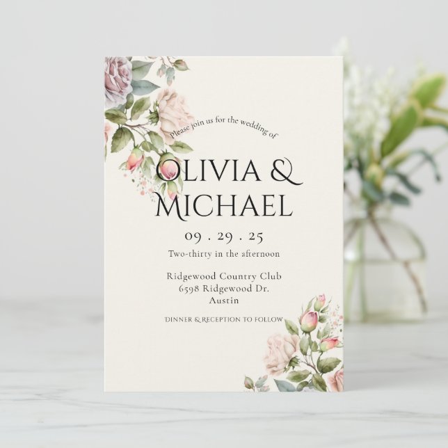 Elegant Pink Blush Watercolor Floral Wedding Invitation (Standing Front)