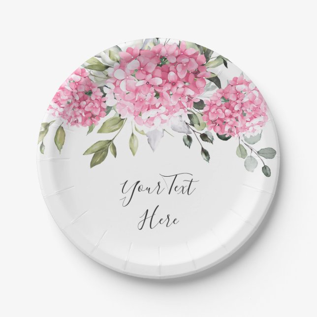 Elegant Pink Blush Watercolor Hydrangea Eucalyptus Paper Plate (Front)