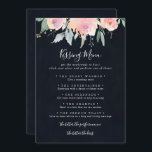 Elegant Pink Blush Wedding Kissing Menu Game Card<br><div class="desc">This elegant pink blush wedding kissing menu game card is perfect for a modern wedding reception. The design features hand-drawn pink blush roses and peonies with green and grey leaves in a dark blue background,  inspiring natural beauty.</div>