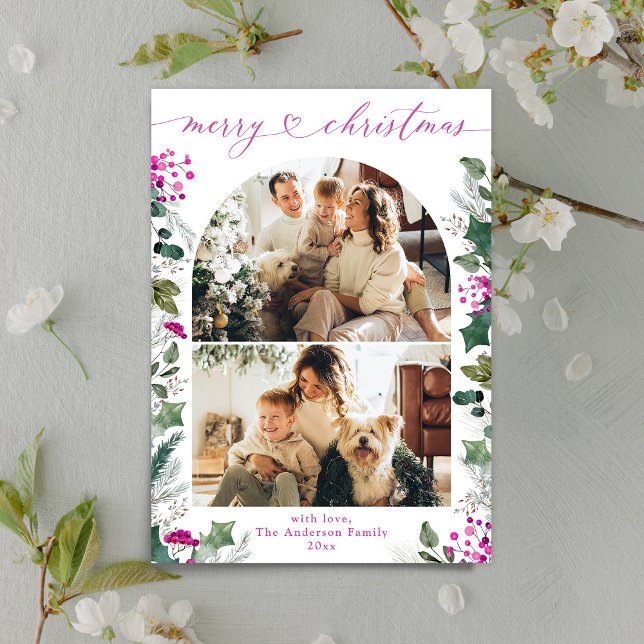 Elegant Pink Boho 2 Photo Arch Christmas  Holiday Card (Creator Uploaded)