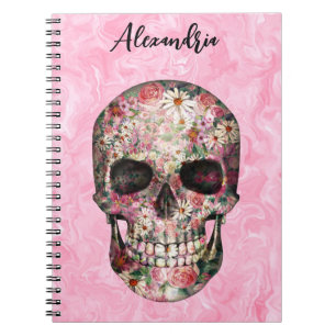 Elegant Pink Boho Floral Skull Notebook