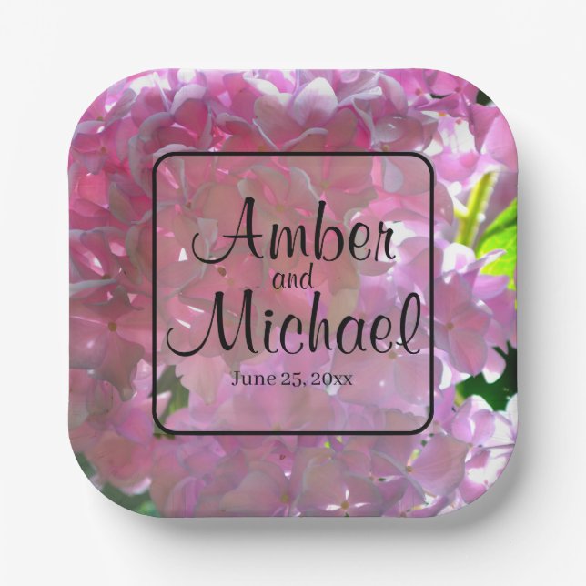 Elegant pink boho florals flowers hydrangeas paper plate (Front)