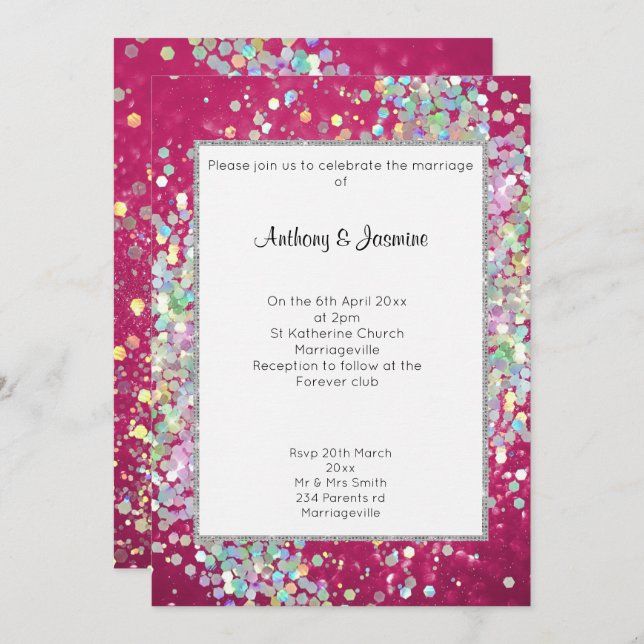 ELEGANT PINK BOKEH HOLOGRAPHIC PASTEL WEDDING  INVITATION (Front/Back)