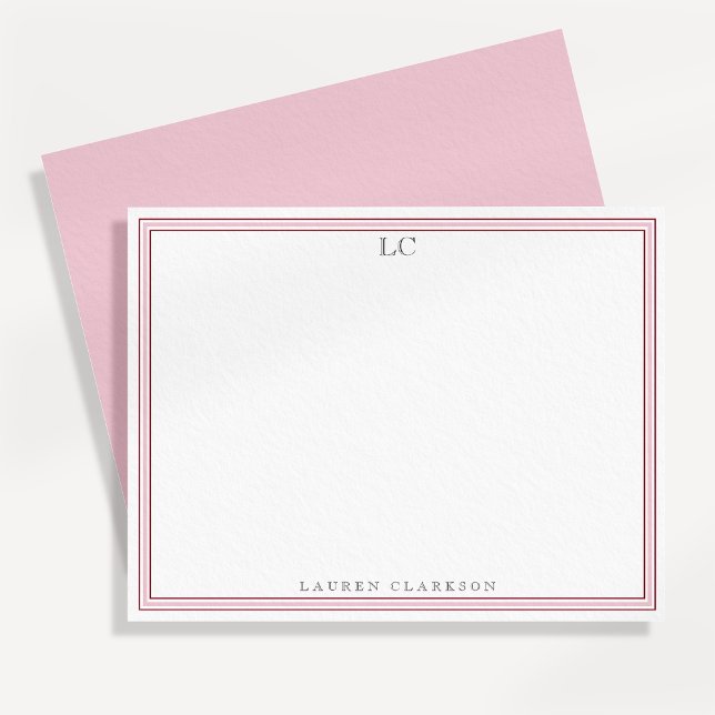 Elegant Pink Border Monogram Stationery Note Card (Creator Uploaded)