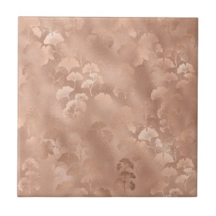 Elegant Pink Botanical Ginkgo Gold Foliage Print Tile