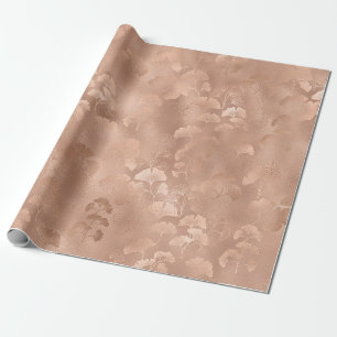 Elegant Pink Botanical Ginkgo Gold Foliage Print Wrapping Paper
