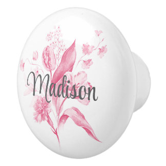 Elegant Pink Bouquet Grey Script Name Drawer Knob