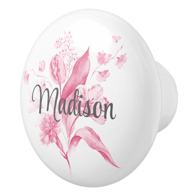 Elegant Pink Bouquet Grey Script Name Drawer Knob (Right)