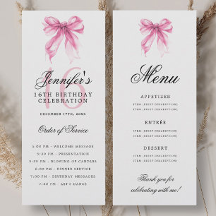 Elegant Pink Bow 16th Birthday Party Program Menu
