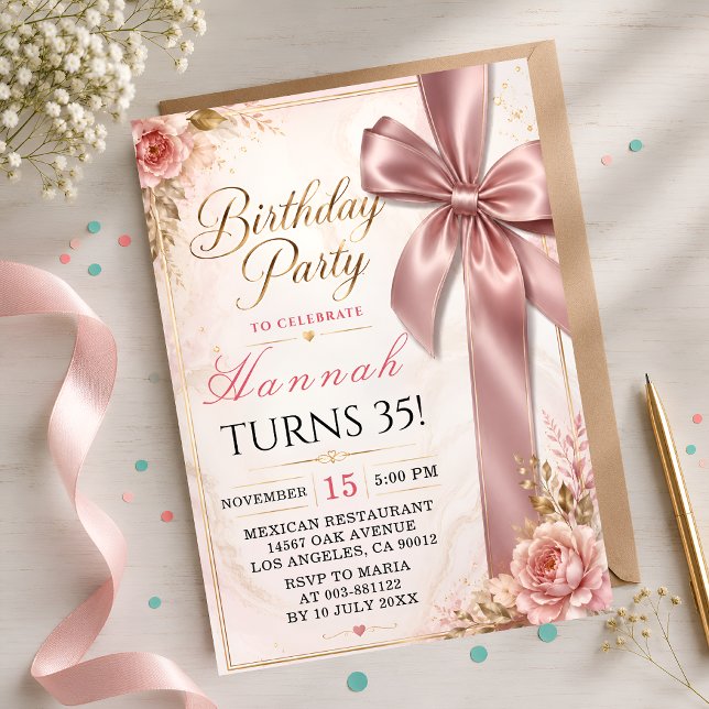 Elegant Pink Bow 35th Birthday Invitation (Creator Uploaded)