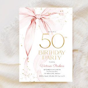 Elegant Pink Bow 50th Birthday Invitation