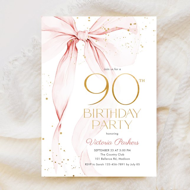 Elegant Pink Bow 90th Birthday Invitation (Creator Uploaded)
