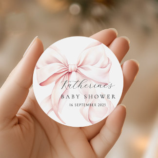 Elegant Pink Bow Baby Shower Classic Round Sticker