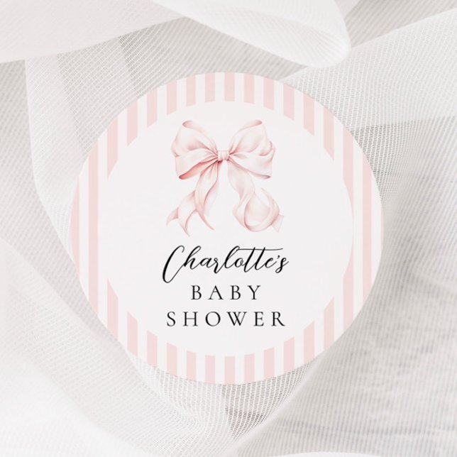 Elegant Pink Bow Baby Shower Classic Round Sticker (Creator Uploaded)