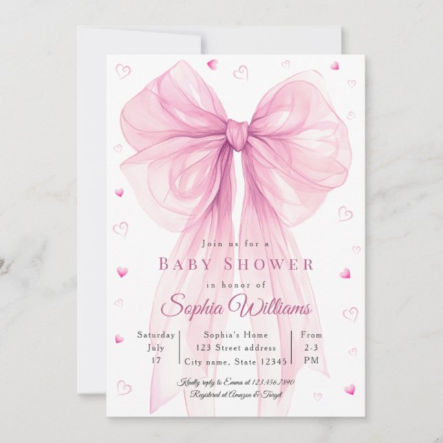 Elegant Pink Bow Baby Shower Invitation (Front)