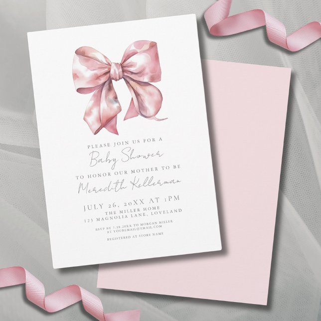 Elegant Pink Bow Baby Shower Invitation (Simple Elegant Pink Bow Baby Shower Invitation)