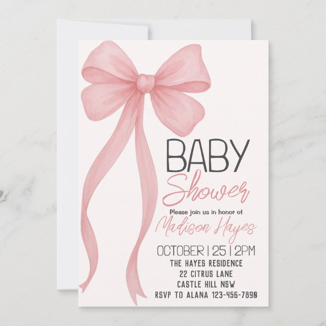 Elegant Pink Bow Baby Shower Invitation (Front)