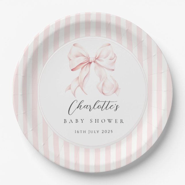 Elegant Pink Bow Baby Shower Paper Plate (Front)