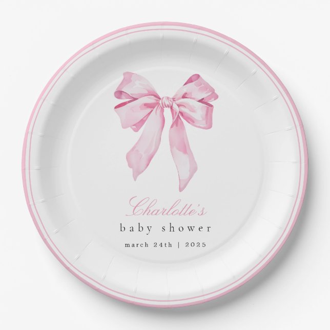 Elegant Pink Bow Baby Shower  Paper Plate (Front)