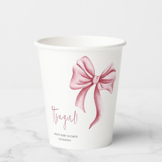 Elegant Pink Bow Baby Shower Party Paper Cups (Front)