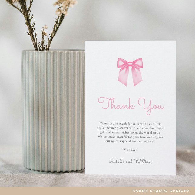 Elegant Pink Bow Baby Shower Thank You Card (Flat Thank You Card in 3.5 x 5 inches. Personalize text, select size, paper, and corner style.)