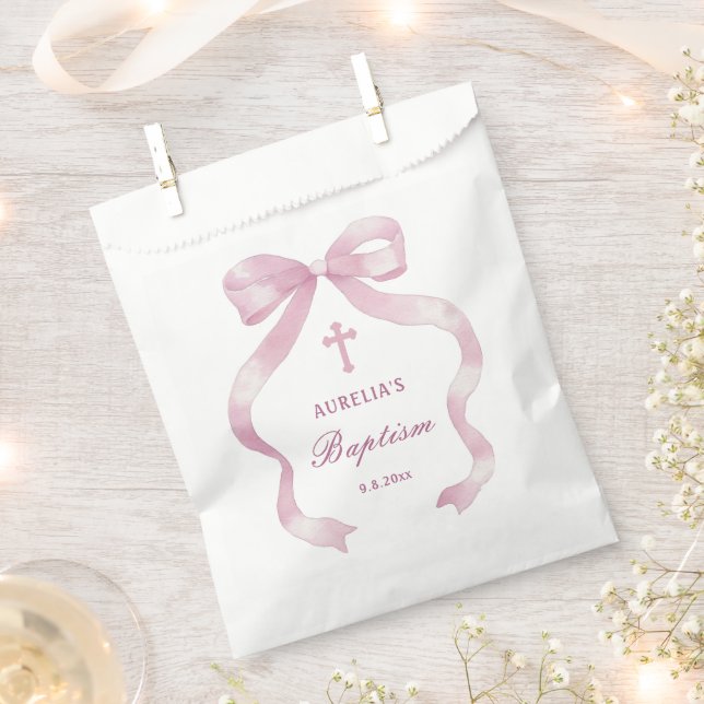 Elegant Pink Bow Baptism Favour Bag (Clipped)