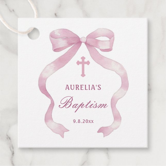 Elegant Pink Bow Baptism Favour Tags (Front)
