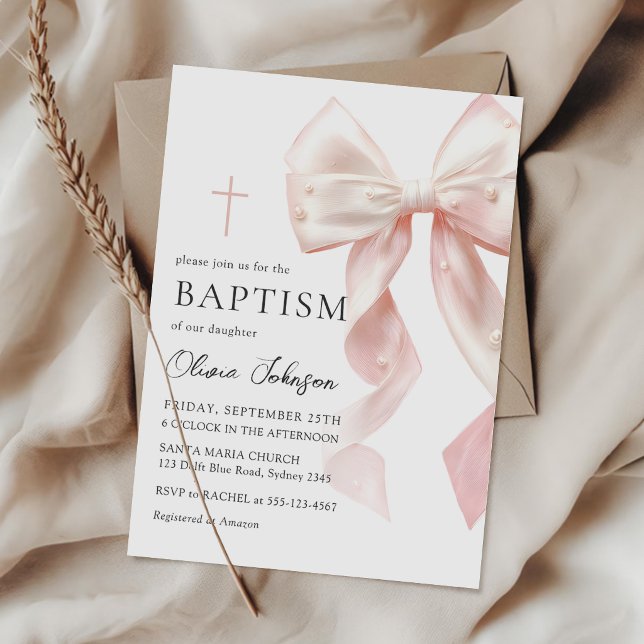 Elegant Pink Bow Baptism Girl Invitation (Creator Uploaded)