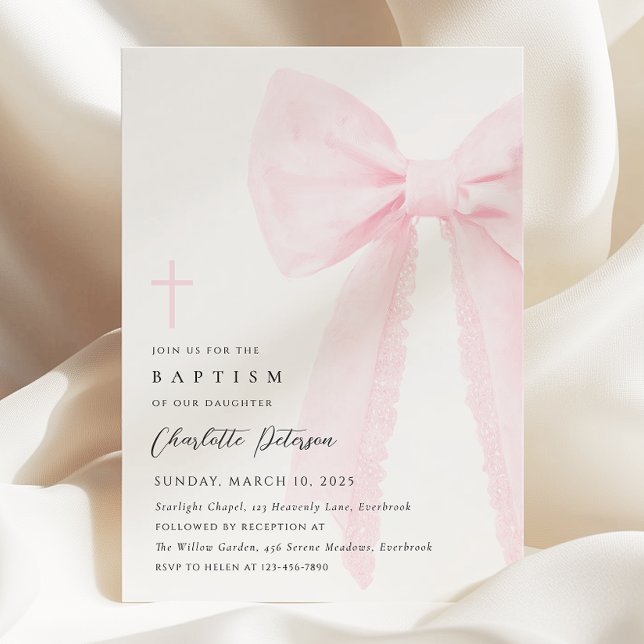 Elegant Pink Bow Baptism Invitation (Creator Uploaded)