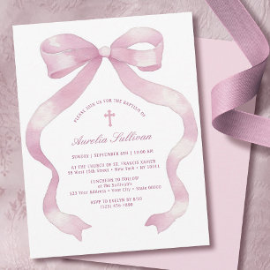 Elegant Pink Bow Baptism Invitation