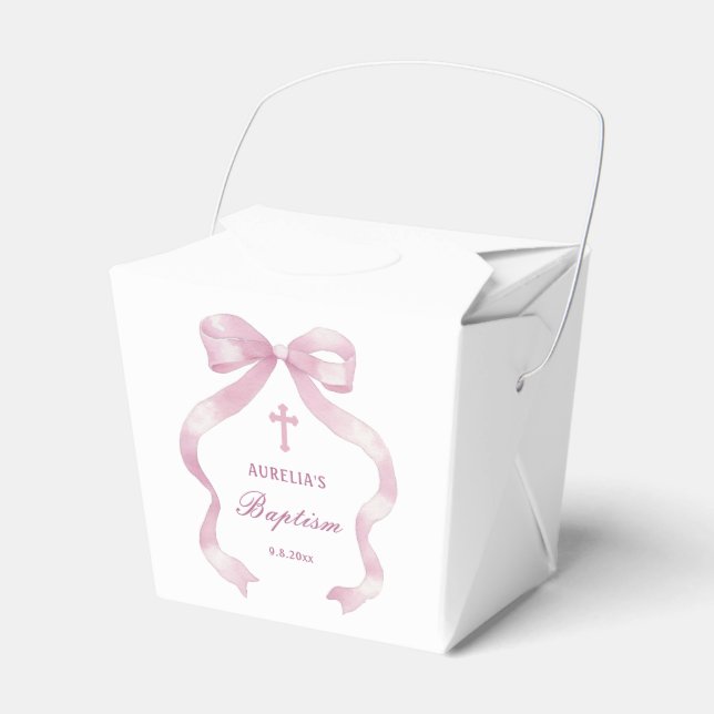 Elegant Pink Bow Baptism Take Out Favor Box (Front Side)
