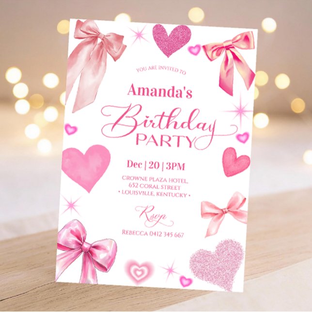 Elegant Pink Bow Birthday Party Invitation (Creator Uploaded)