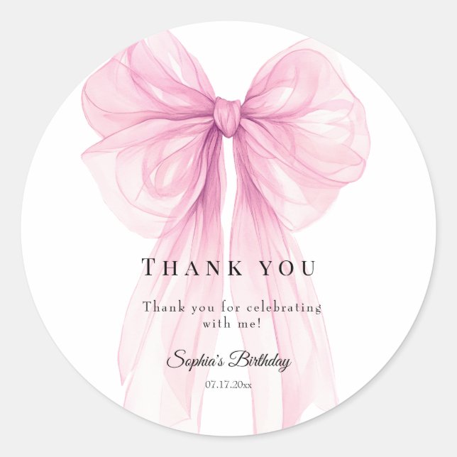 Elegant Pink Bow Birthday  Watercolor Classic Round Sticker (Front)