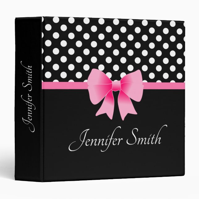 Elegant Pink Bow Black Polka Dots Binder (Front/Spine)