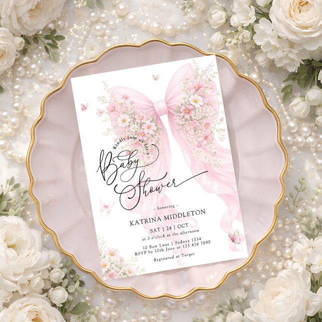 Elegant Pink Bow Bloom Butterfly Baby Shower Invitation (Creator Uploaded)