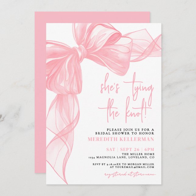 Elegant Pink Bow Bridal Shower Invitation (Front/Back)