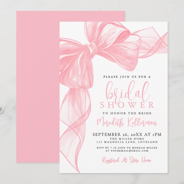 Elegant Pink Bow Bridal Shower Invitation (Front/Back)
