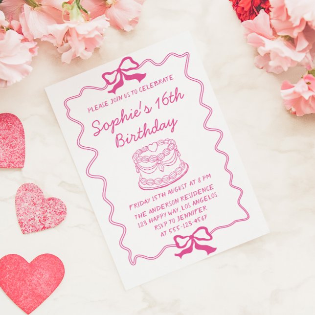 Elegant Pink Bow & Cake Sweet 16 Birthday Party Invitation (Creator Uploaded)