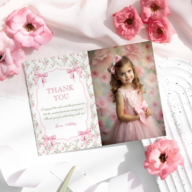  Elegant Pink Bow Coquette Birthday Thank You Card (Creator Uploaded)