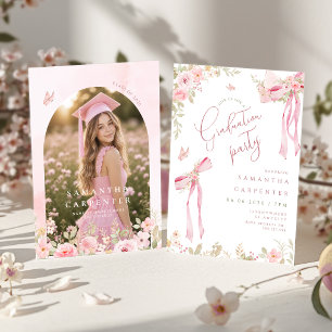 Elegant pink bow coquette FLORAL  photo graduation Invitation