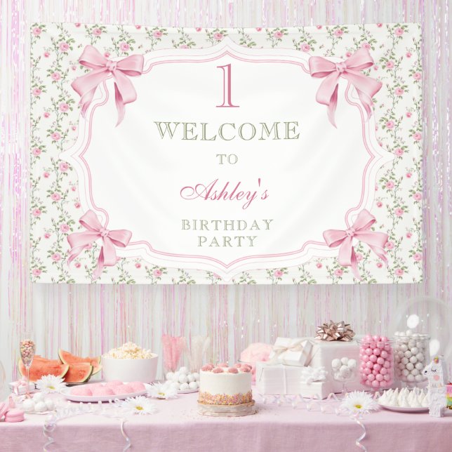 Elegant Pink Bow Coquette Girl 1st Birthday  Banner (Party)