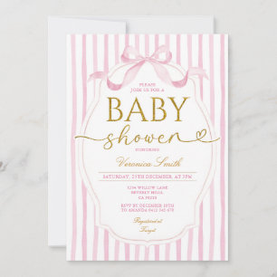 Elegant Pink Bow Coquette Girl Baby Shower Stripe Invitation