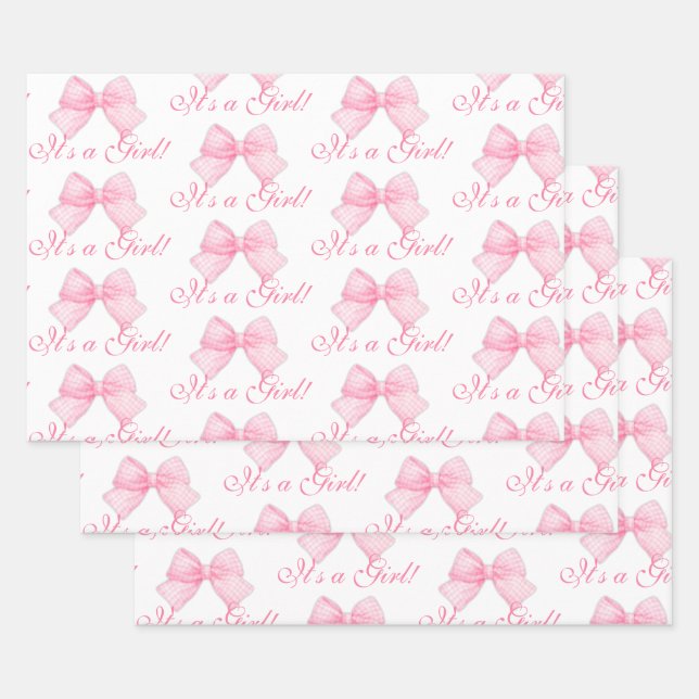 Elegant Pink Bow Coquette It's a Girl Baby Shower Wrapping Paper Sheet (Set)