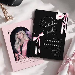 Elegant pink bow coquette photo black graduation  invitation