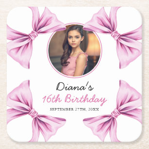 Elegant Pink Bow Coquette Photo Sweet 16 Birthday Square Paper Coaster